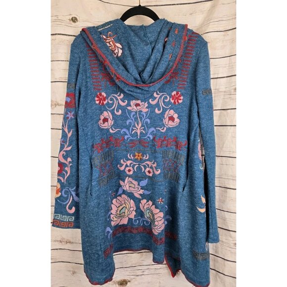Adore Embroidered Sweater Hoodie Cardigan S Open Front Boho Teal Mid Length - Picture 6 of 8